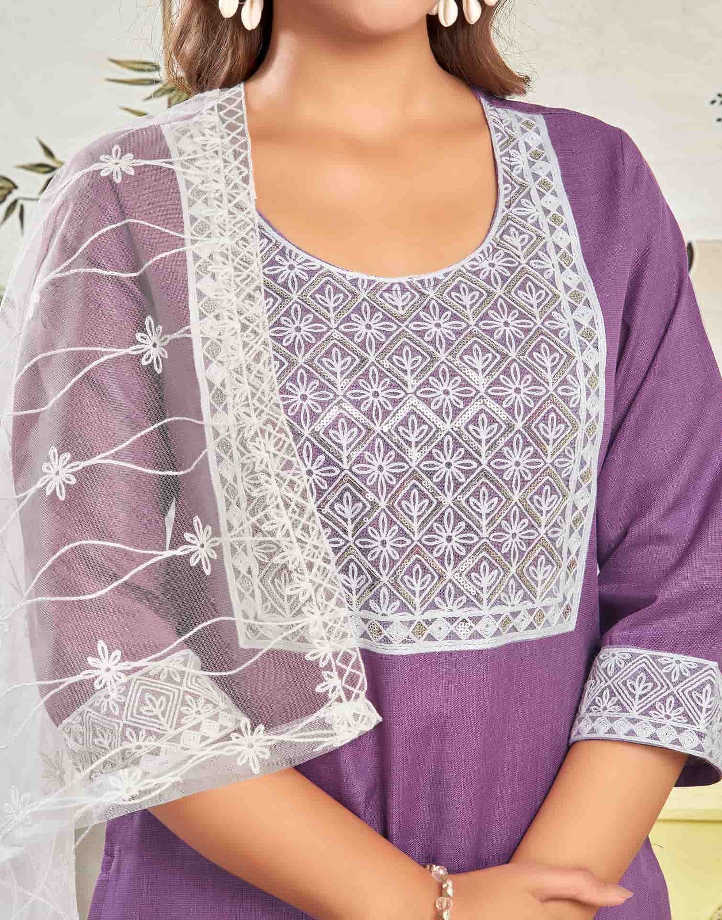 Cotton Blend Embroidered Straight Kurta with Pant & Dupatta
