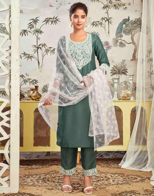 Silk Blend Embroidered Straight Kurta with Pant & Dupatta