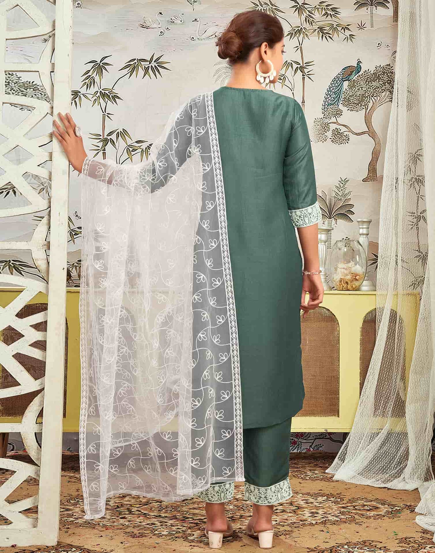 Silk Blend Embroidered Straight Kurta with Pant & Dupatta