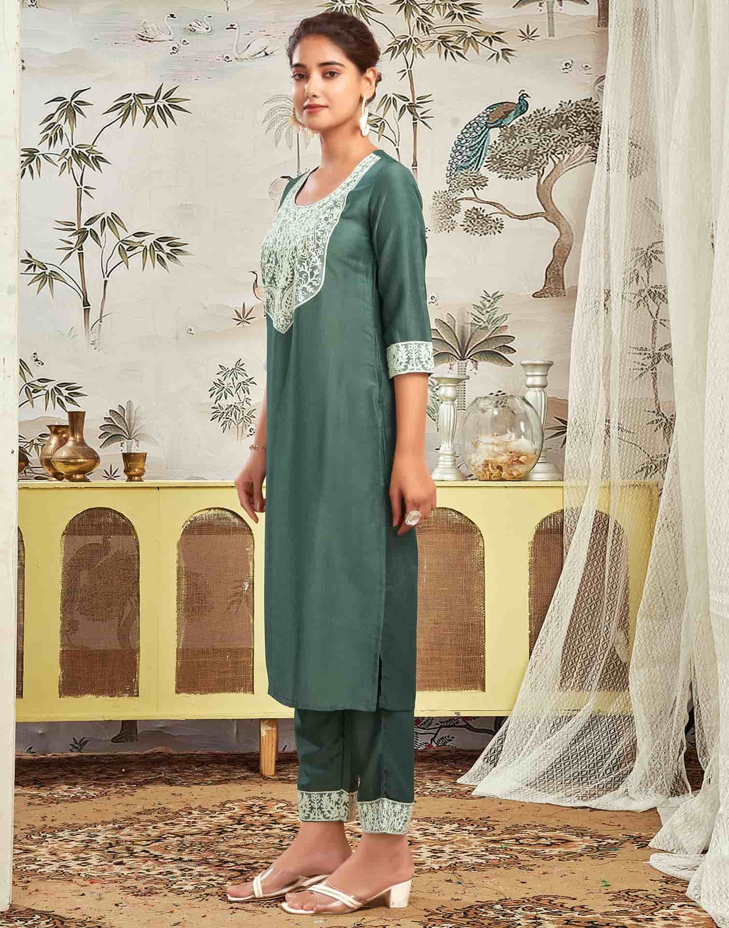 Silk Blend Embroidered Straight Kurta with Pant & Dupatta