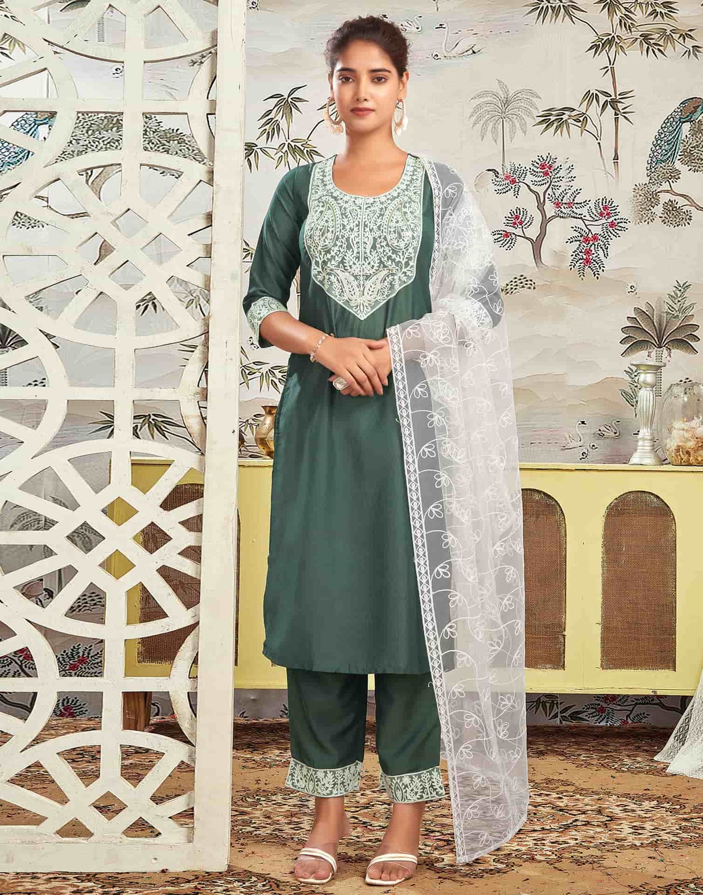 Silk Blend Embroidered Straight Kurta with Pant & Dupatta