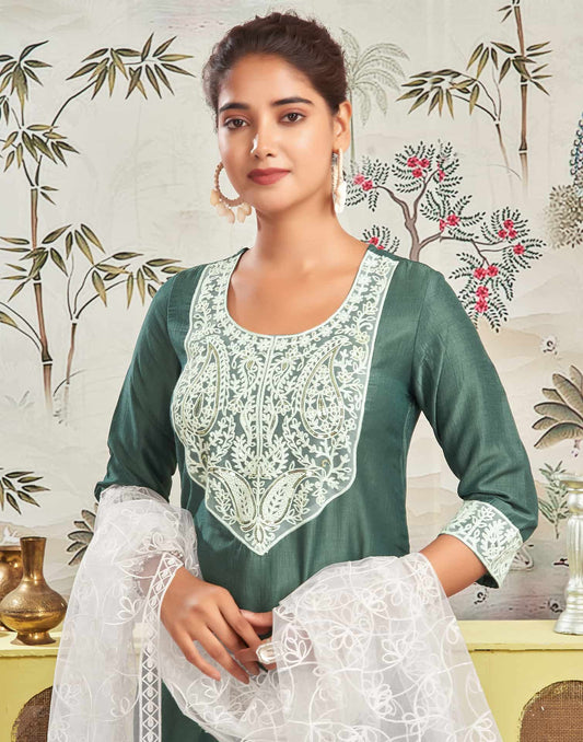 Silk Blend Embroidered Straight Kurta with Pant & Dupatta
