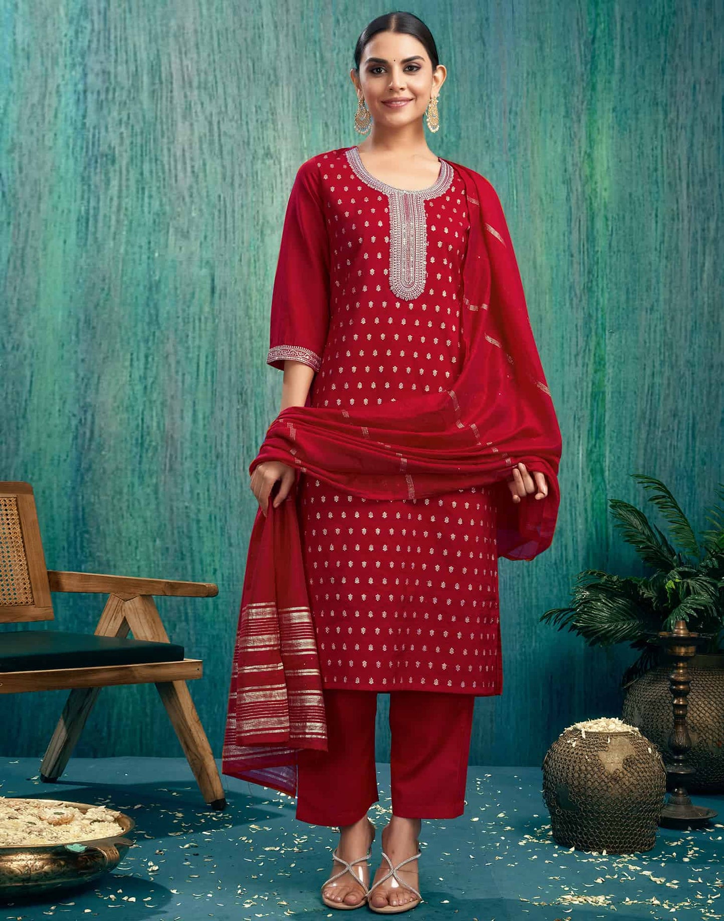 Silk Blend Jacquard, Sequins and Embroidery Work Straight Kurta with Pant & Dupatta