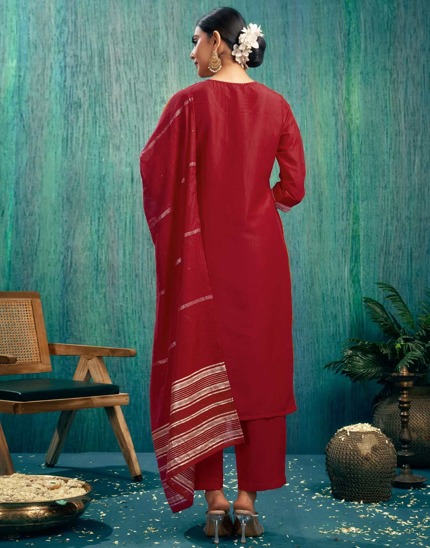 Silk Blend Jacquard, Sequins and Embroidery Work Straight Kurta with Pant & Dupatta