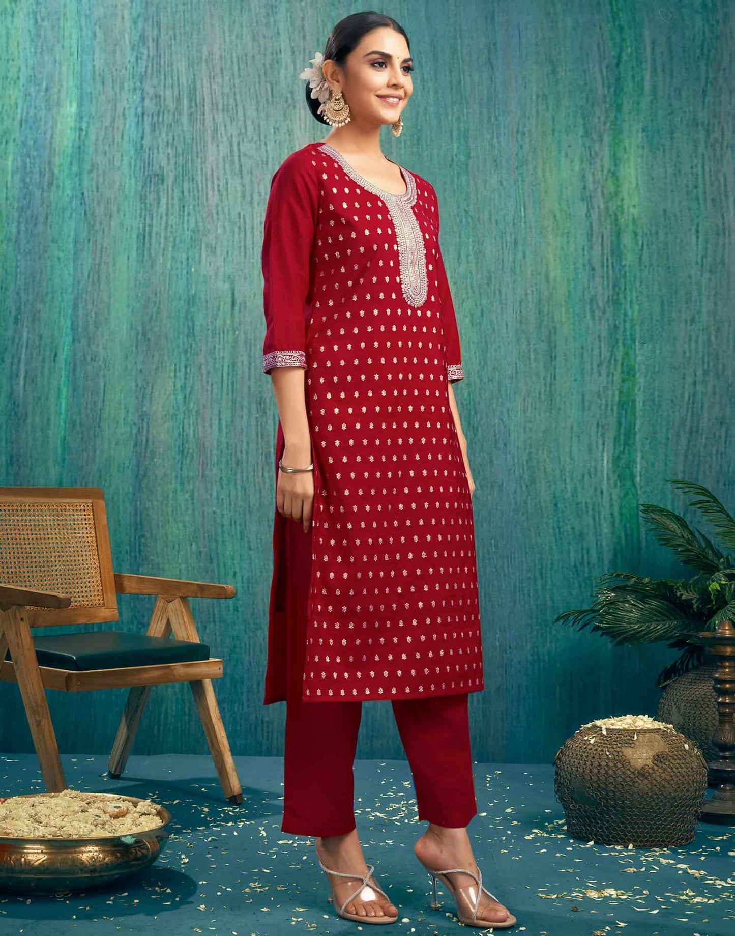 Silk Blend Jacquard, Sequins and Embroidery Work Straight Kurta with Pant & Dupatta