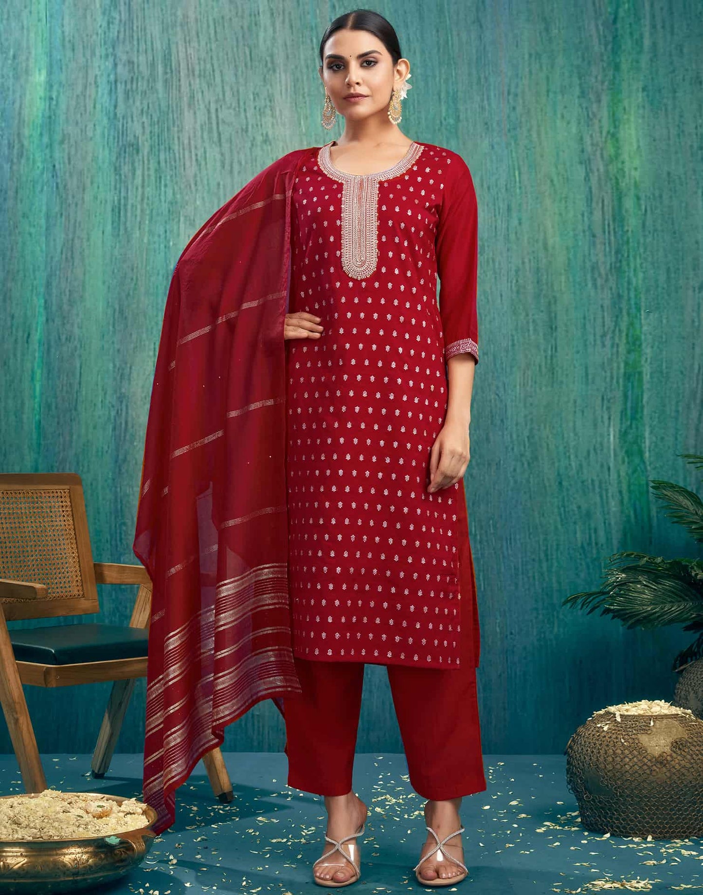 Silk Blend Jacquard, Sequins and Embroidery Work Straight Kurta with Pant & Dupatta