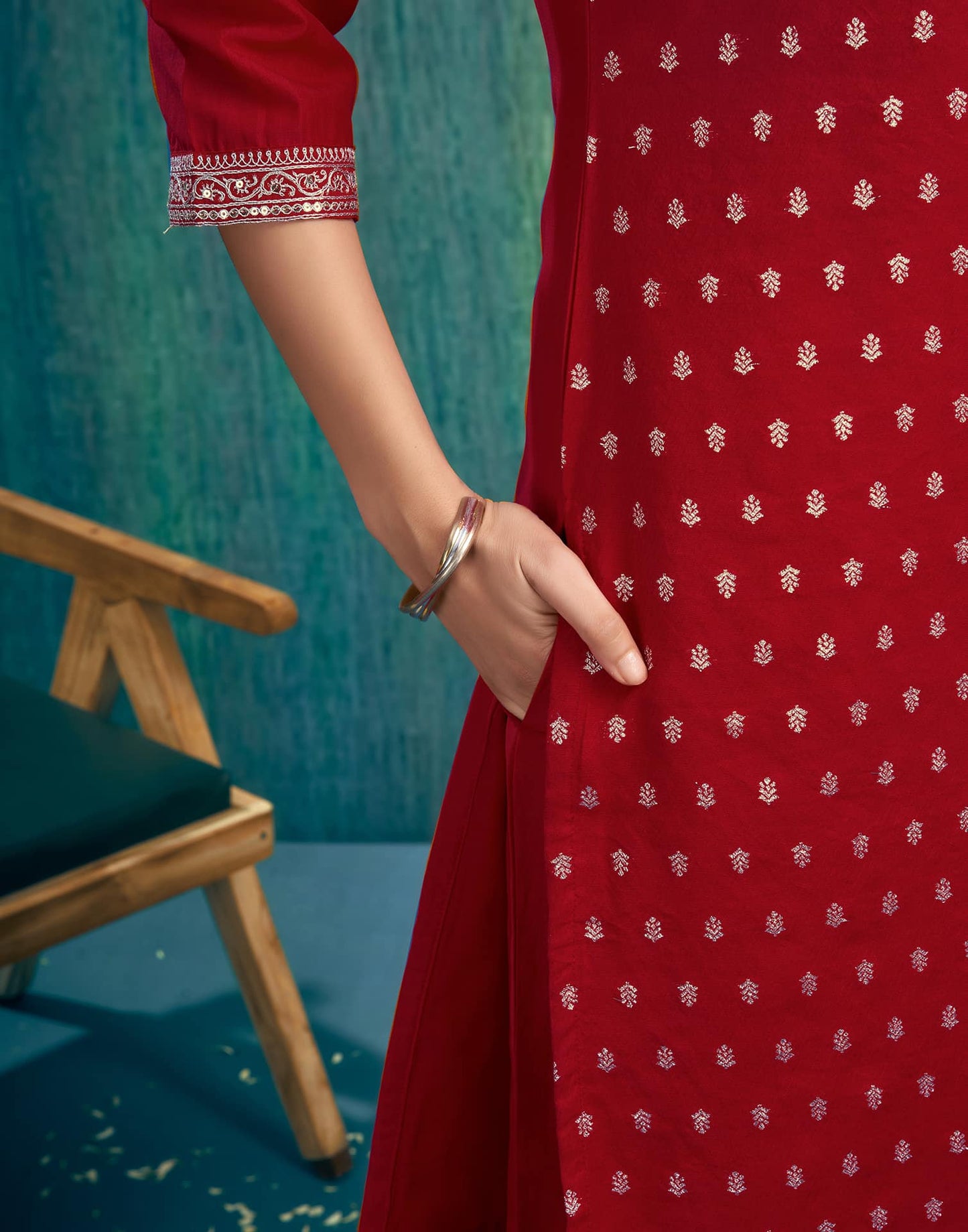 Silk Blend Jacquard, Sequins and Embroidery Work Straight Kurta with Pant & Dupatta
