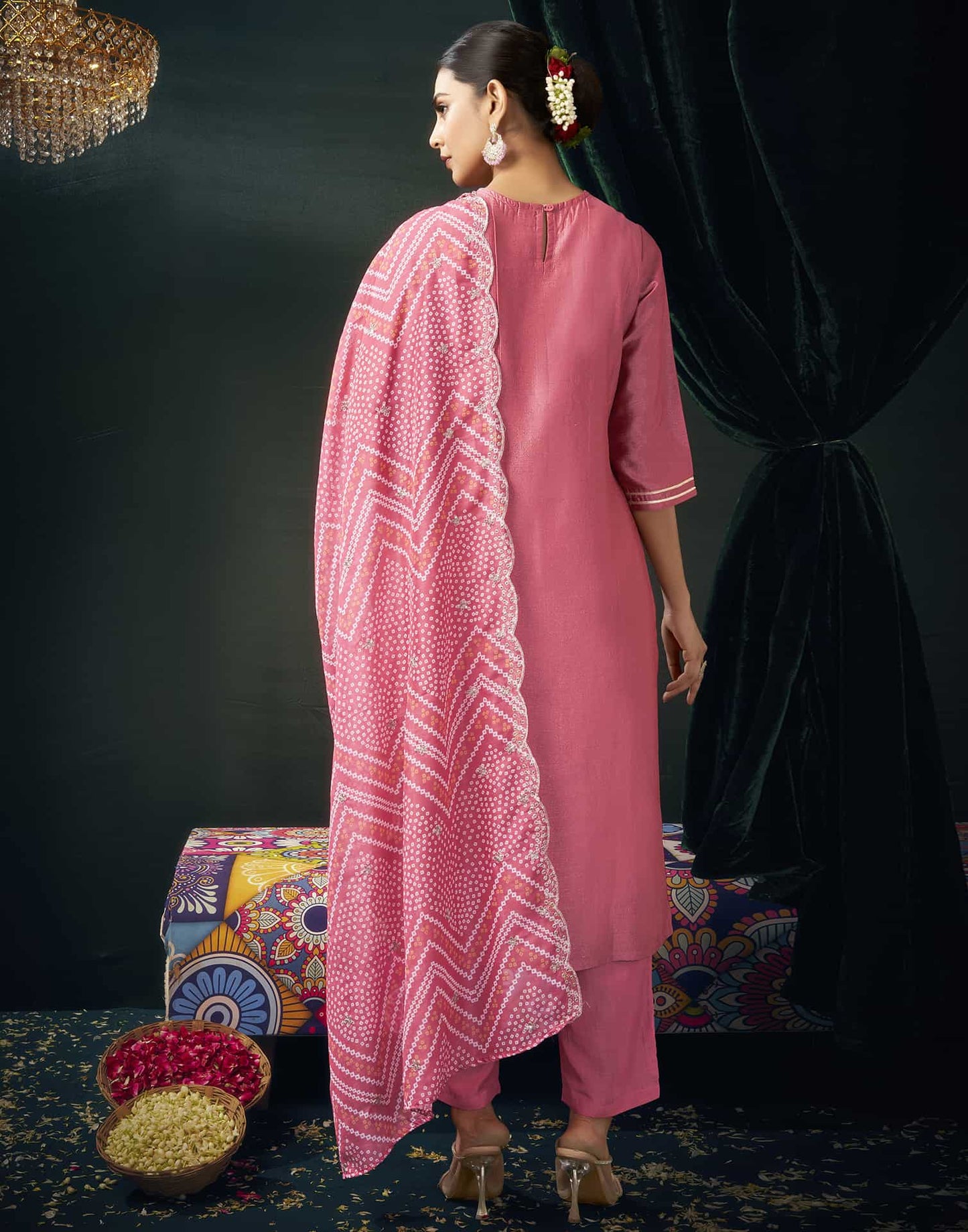 Silk Blend Embroidered Straight Kurta with Pant & Dupatta