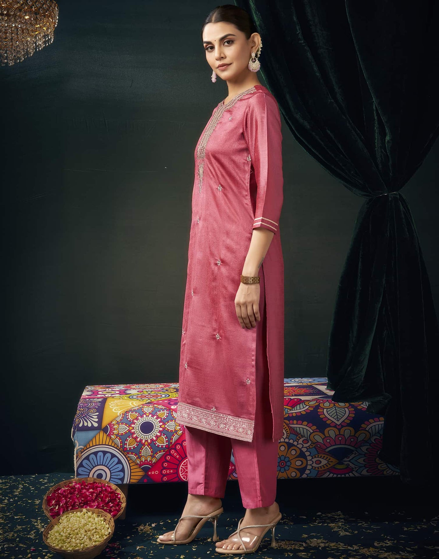 Silk Blend Embroidered Straight Kurta with Pant & Dupatta