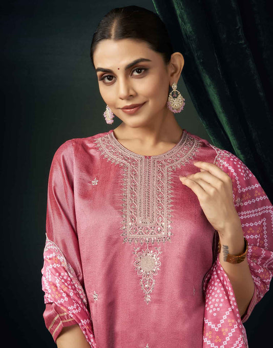 Silk Blend Embroidered Straight Kurta with Pant & Dupatta