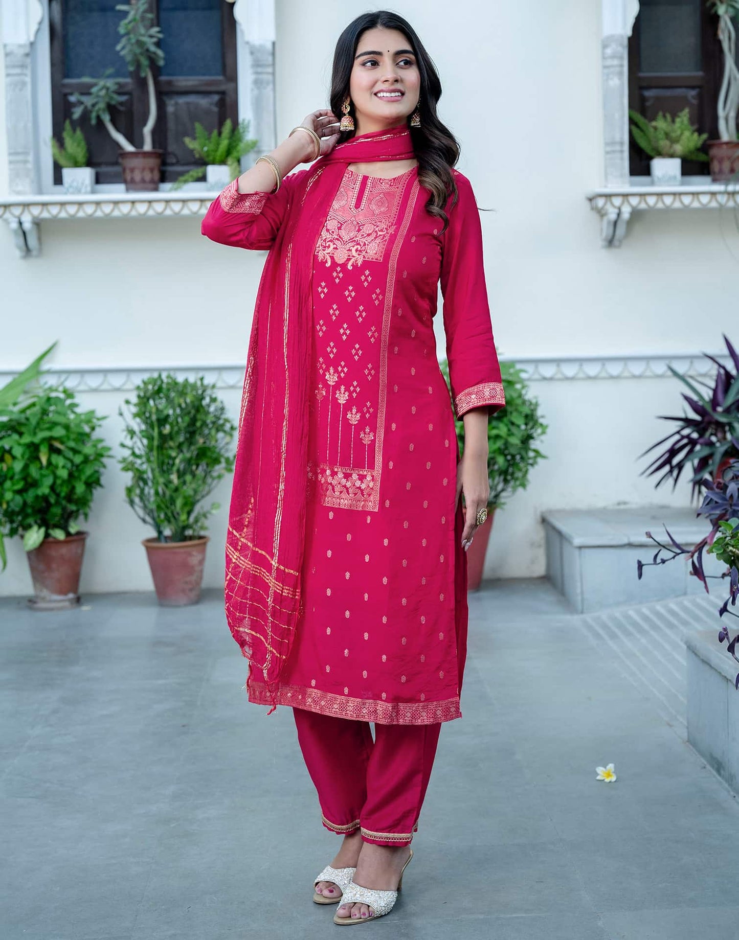 Silk Blend Woven Straight Kurta with Pant & Dupatta