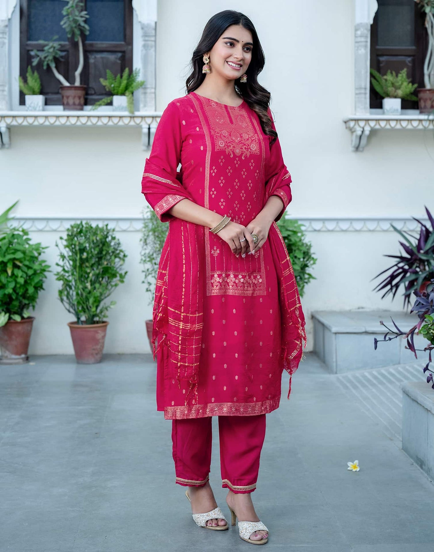 Silk Blend Woven Straight Kurta with Pant & Dupatta
