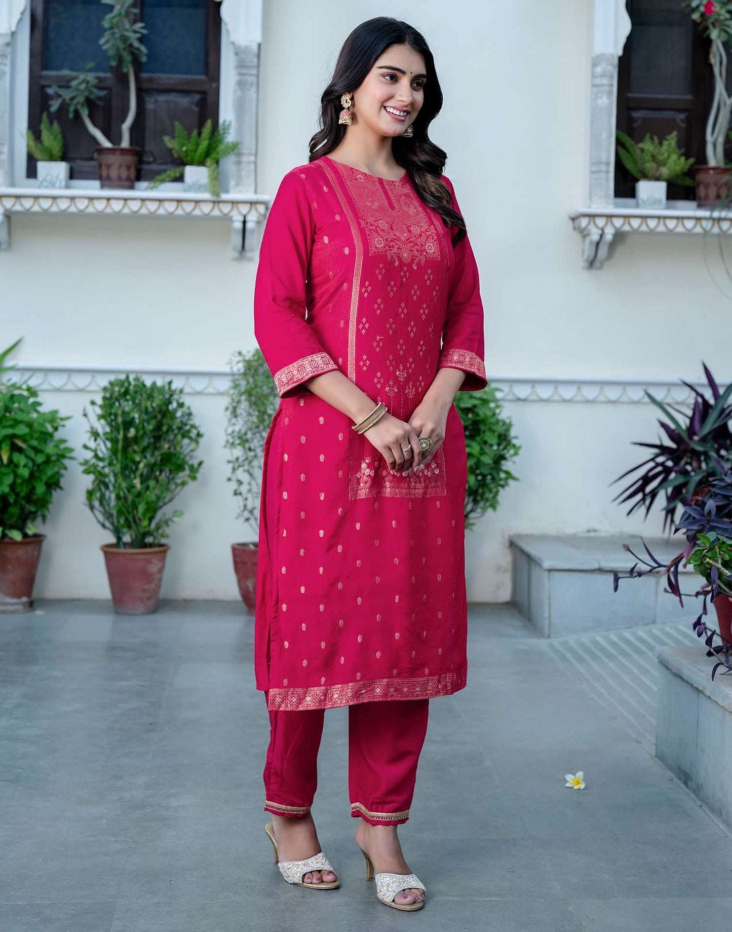 Silk Blend Woven Straight Kurta with Pant & Dupatta