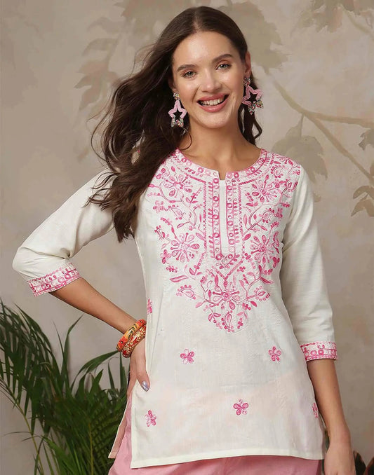 Cotton Blend Chikankari Straight Round Neck Short Kurti