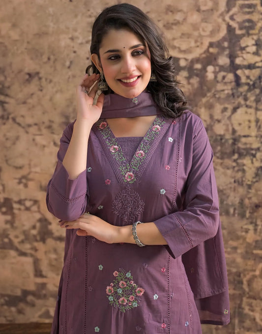 Purple Cotton Embroidered Anarkali Kurta Set with Dupatta V-Neck Casual & Office Wear for Women