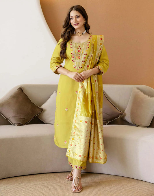Yellow Silk Embroidered Straight Kurta Set with Pant & Dupatta for Women under 1299