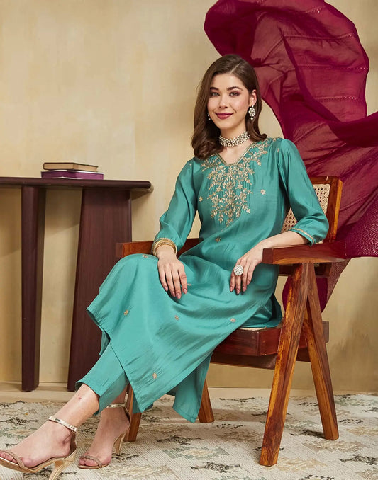 Silk Blend Embroidery Work and Gota Lace Straight Kurta with Pant & Dupatta