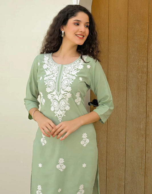 Rayon Embroidered Straight Kurti