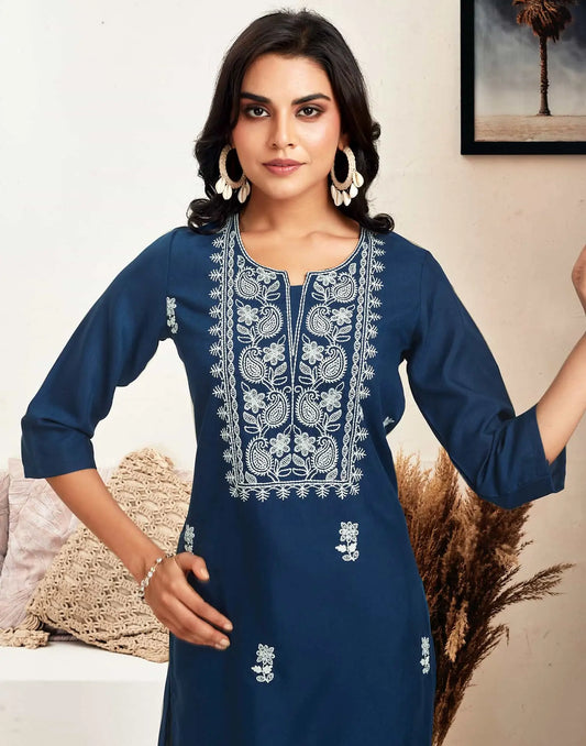 Cotton Embroidered Straight Kurti