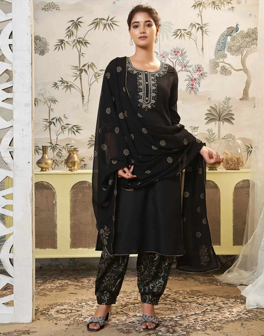 Cotton Blend Embroidered Straight Kurta with Pant & Dupatta