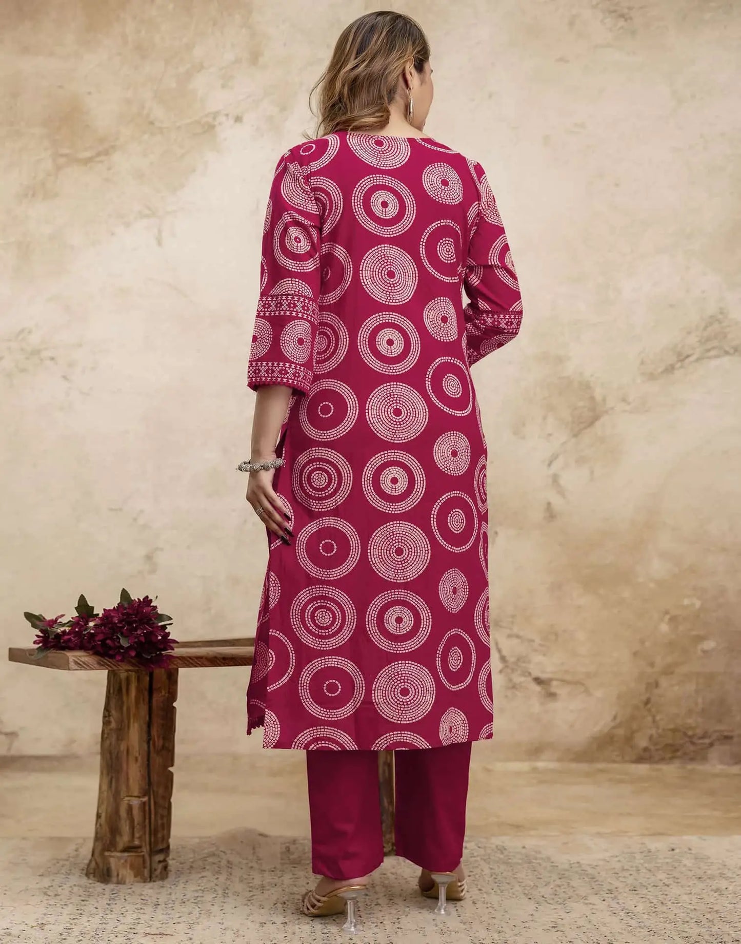 Pink Cotton Bandhani Printed Straight Kurta Set with Pant and Dupatta