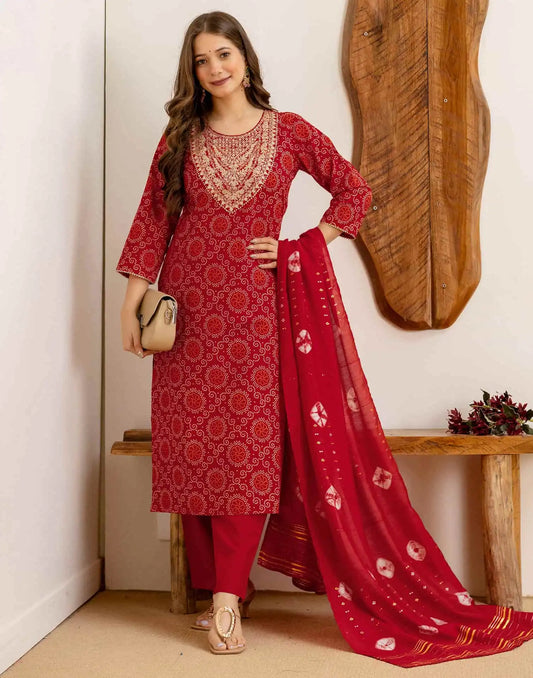 Cotton Printed Straight Kurta with Pant & Dupatta
