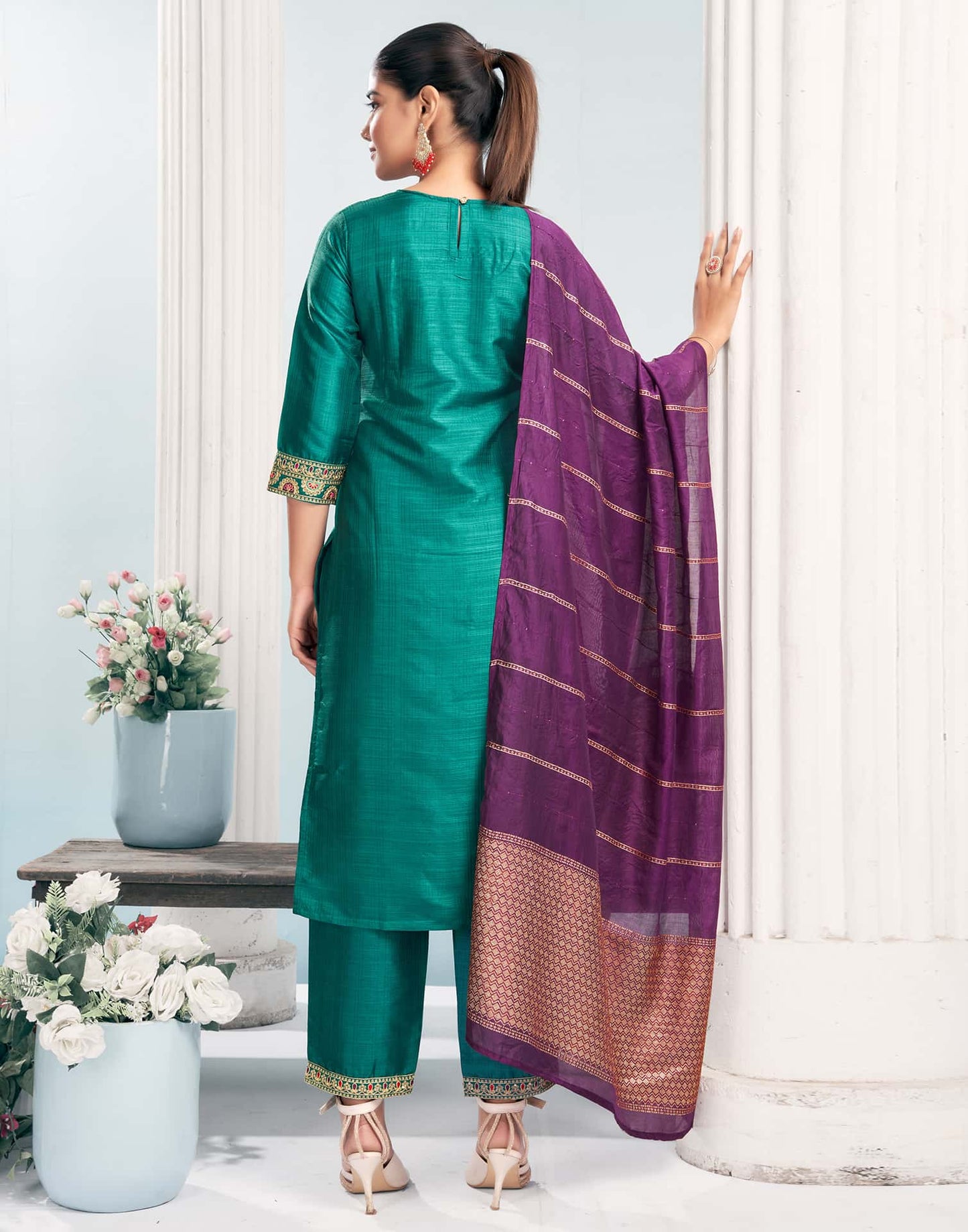 Silk Blend Embroidered Straight Kurta with Pant & Dupatta