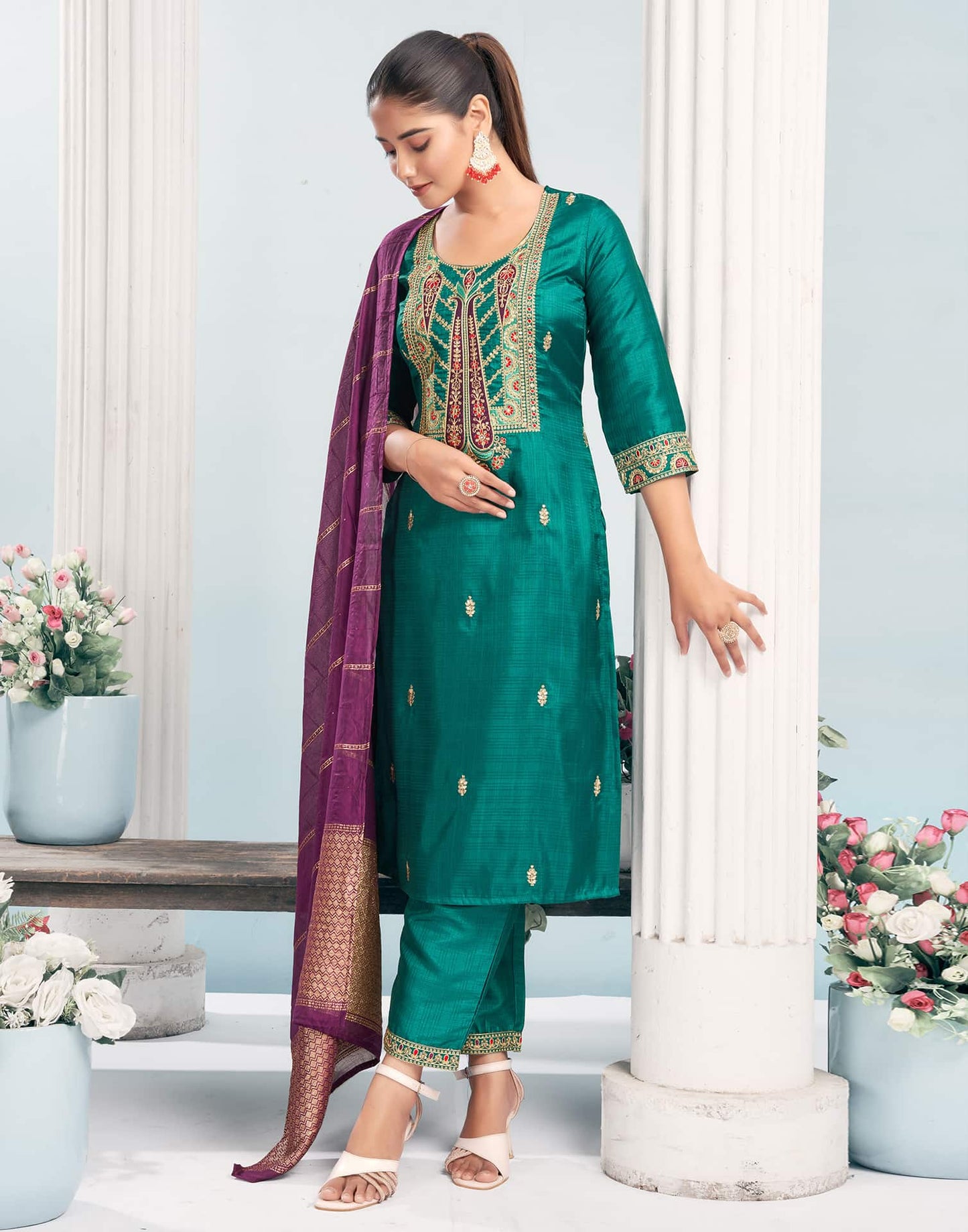 Silk Blend Embroidered Straight Kurta with Pant & Dupatta