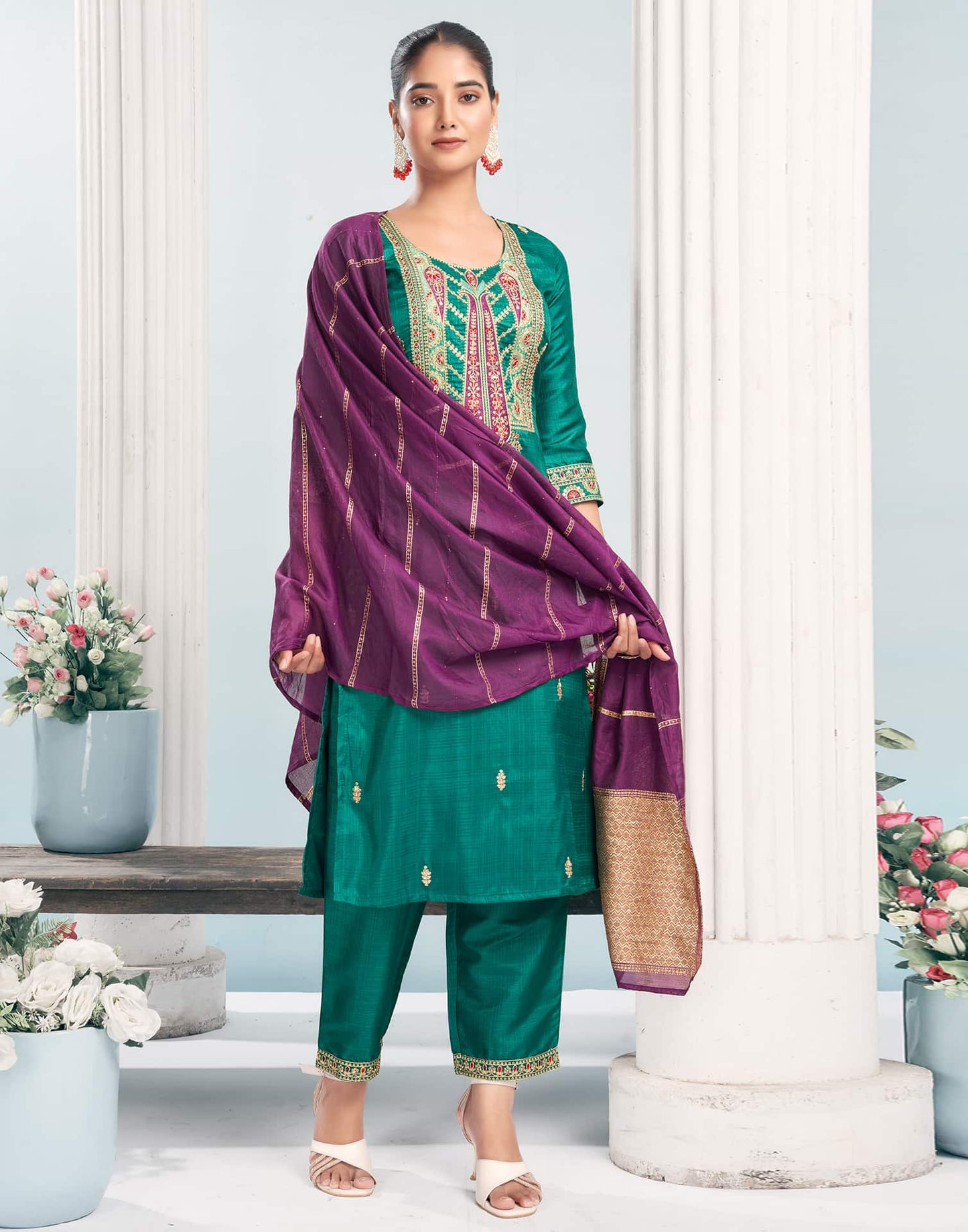 Silk Blend Embroidered Straight Kurta with Pant & Dupatta