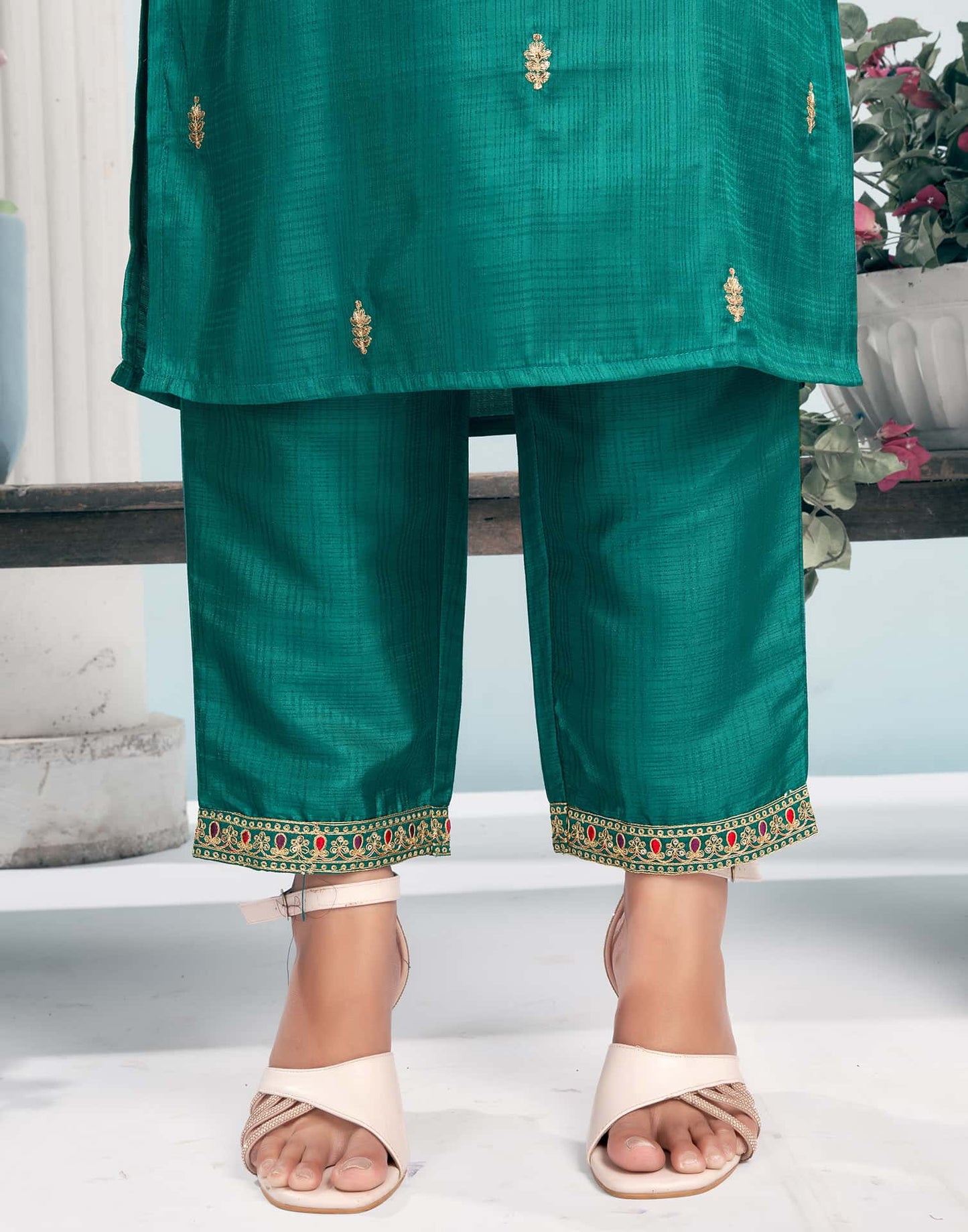 Silk Blend Embroidered Straight Kurta with Pant & Dupatta