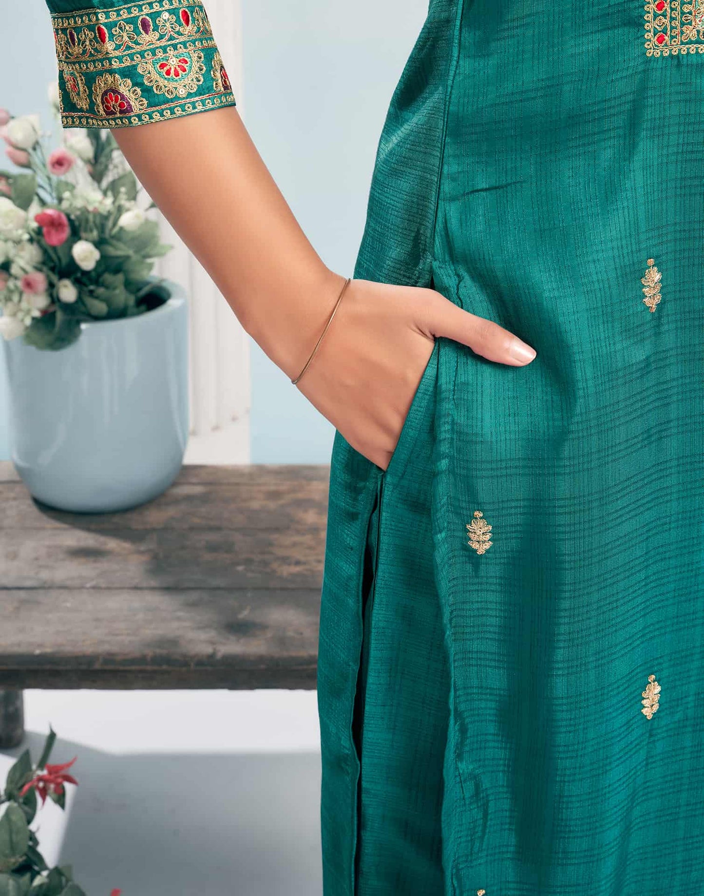 Silk Blend Embroidered Straight Kurta with Pant & Dupatta