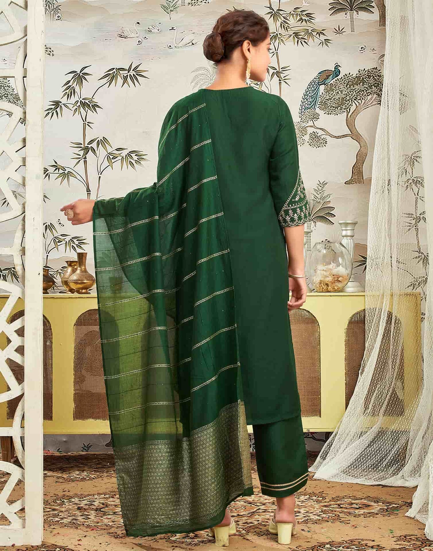 Silk Blend Embroidered Straight Kurta with Pant & Dupatta