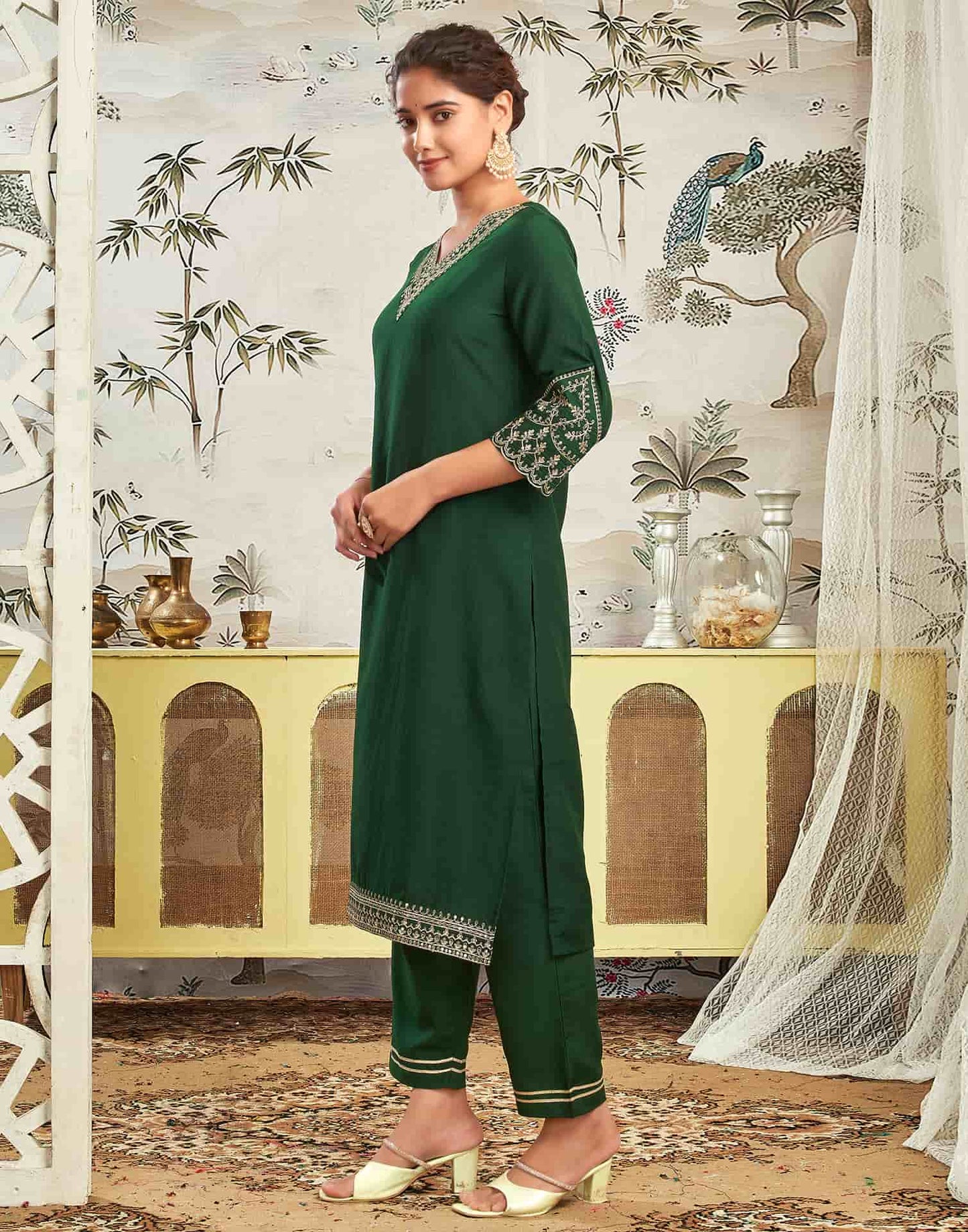 Silk Blend Embroidered Straight Kurta with Pant & Dupatta