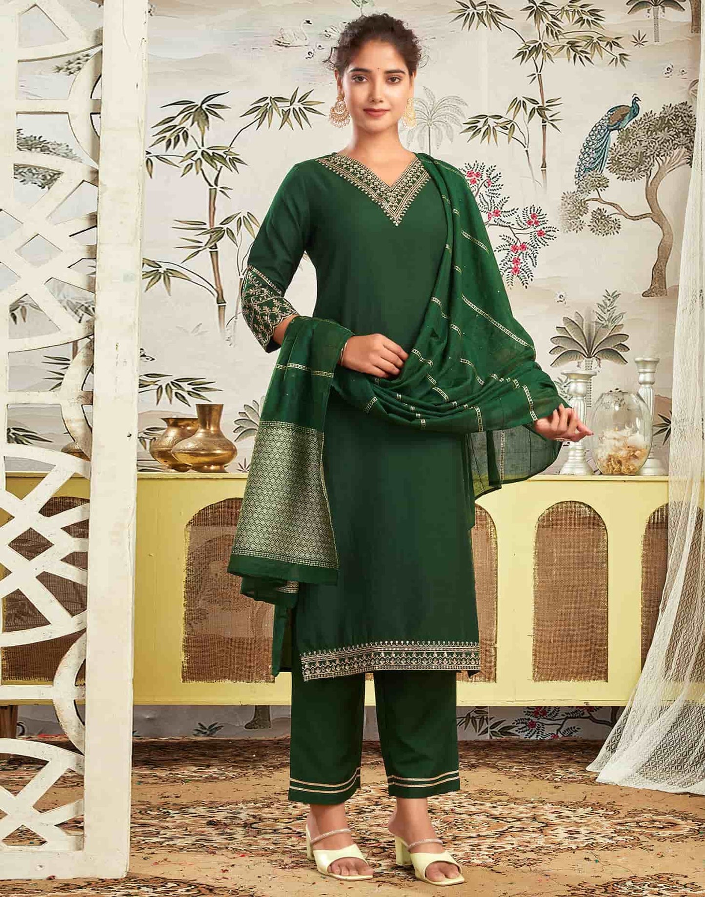 Silk Blend Embroidered Straight Kurta with Pant & Dupatta