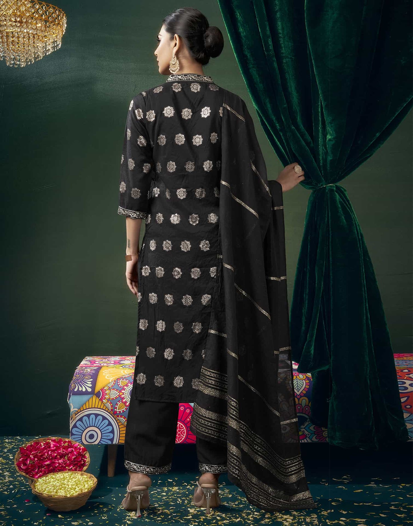 Silk Blend Embroidered Straight Kurta with Pant & Dupatta