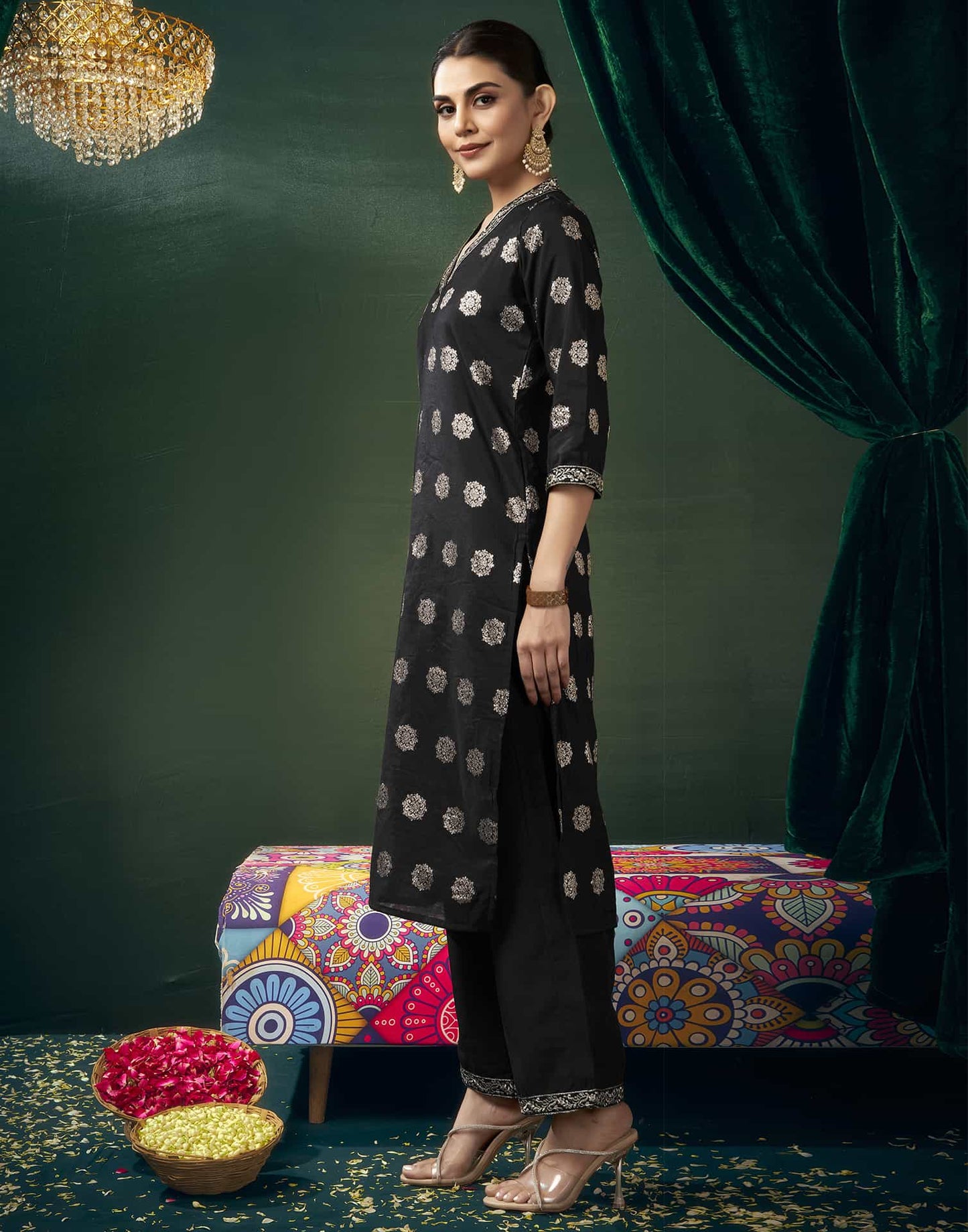 Silk Blend Embroidered Straight Kurta with Pant & Dupatta
