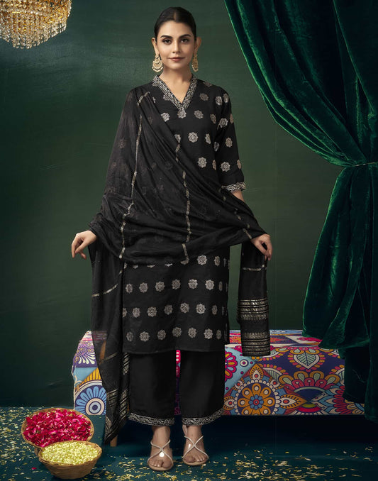 Silk Blend Embroidered Straight Kurta with Pant & Dupatta