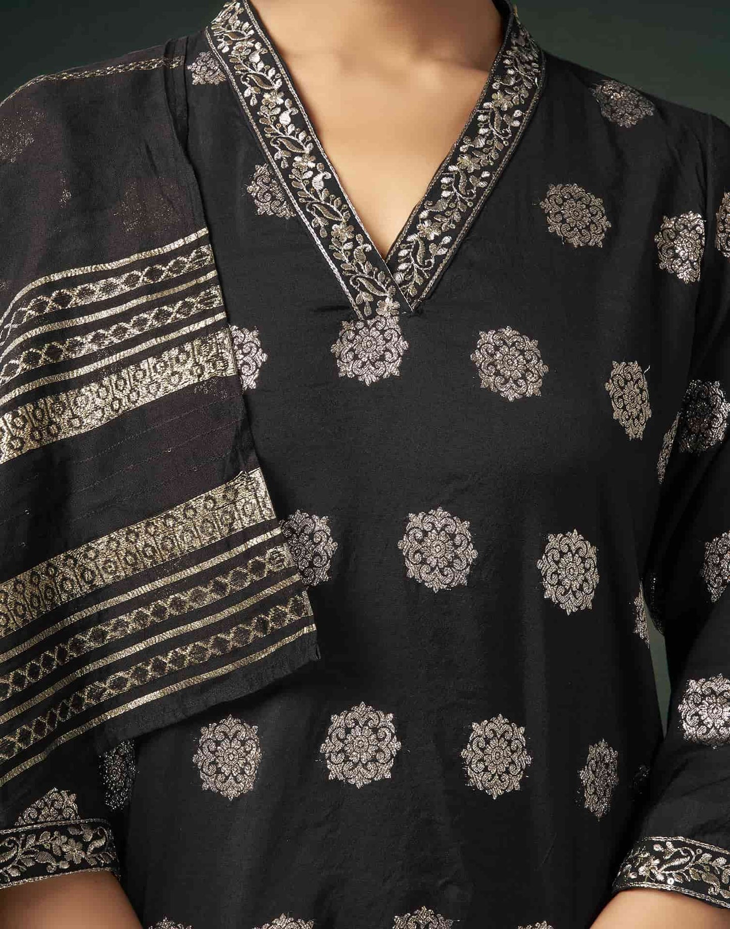 Silk Blend Embroidered Straight Kurta with Pant & Dupatta
