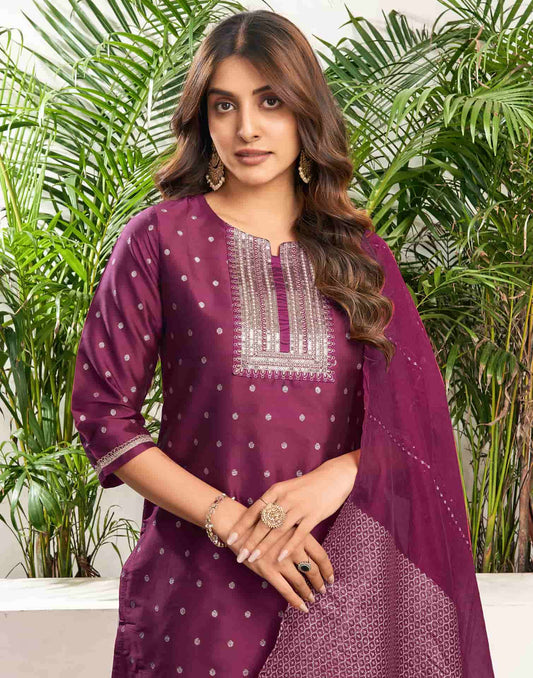 Silk Blend Dyed, Sequence and Embroidery Work, Jacquard and Lace Straight Kurta with Pant & Dupatta