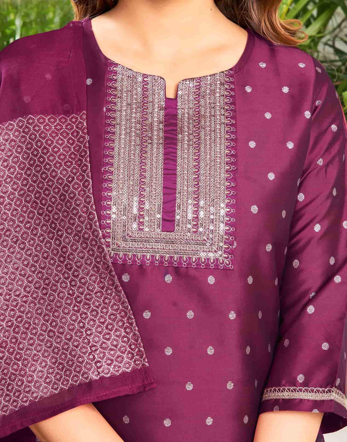 Silk Blend Dyed, Sequence and Embroidery Work, Jacquard and Lace Straight Kurta with Pant & Dupatta