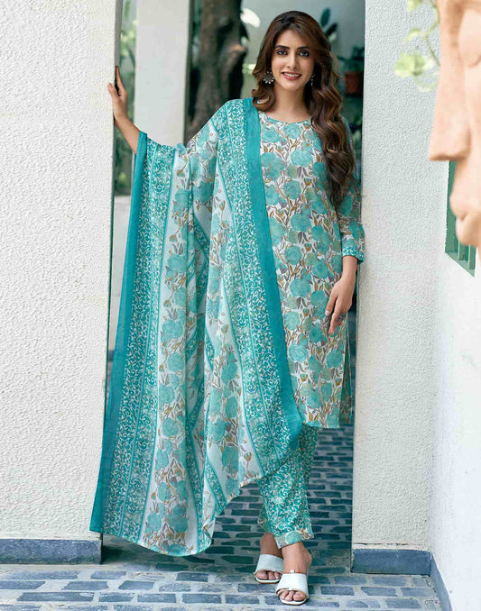 Cotton Blend Foil Printed and Printed Fabric Lace Straight Kurta with Pant & Dupatta