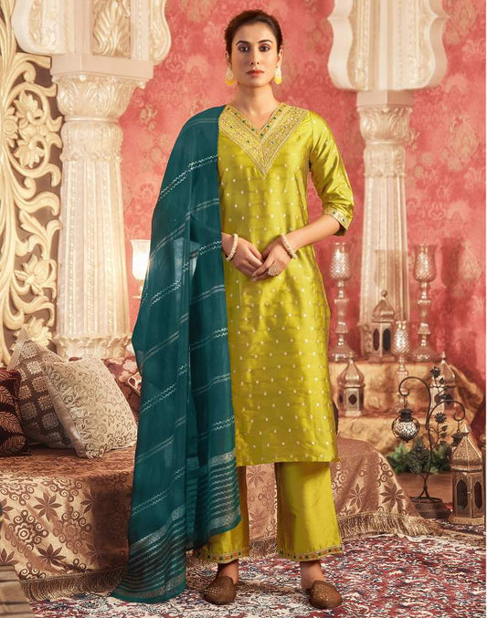 Skylee Mustard Green Silk Plain V Neck 3/4 Sleeve Straight Kurta Set with Pant & Dupatta for Women