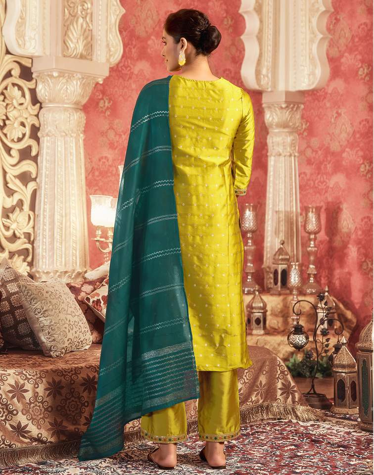 Skylee Mustard Green Silk Plain V Neck 3/4 Sleeve Straight Kurta Set with Pant & Dupatta for Women