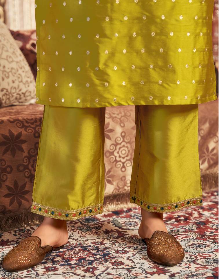 Mustard Green Silk Plain V Neck 3/4 Sleeve Straight Kurta Set With Pant & Dupatta