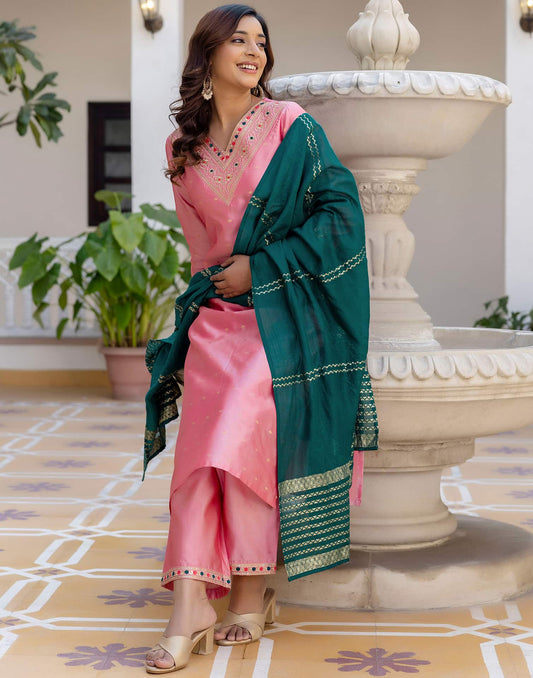 Silk Blend Embroidery and Sequins Work, Weaving, Lace Straight Kurta with Pant & Dupatta