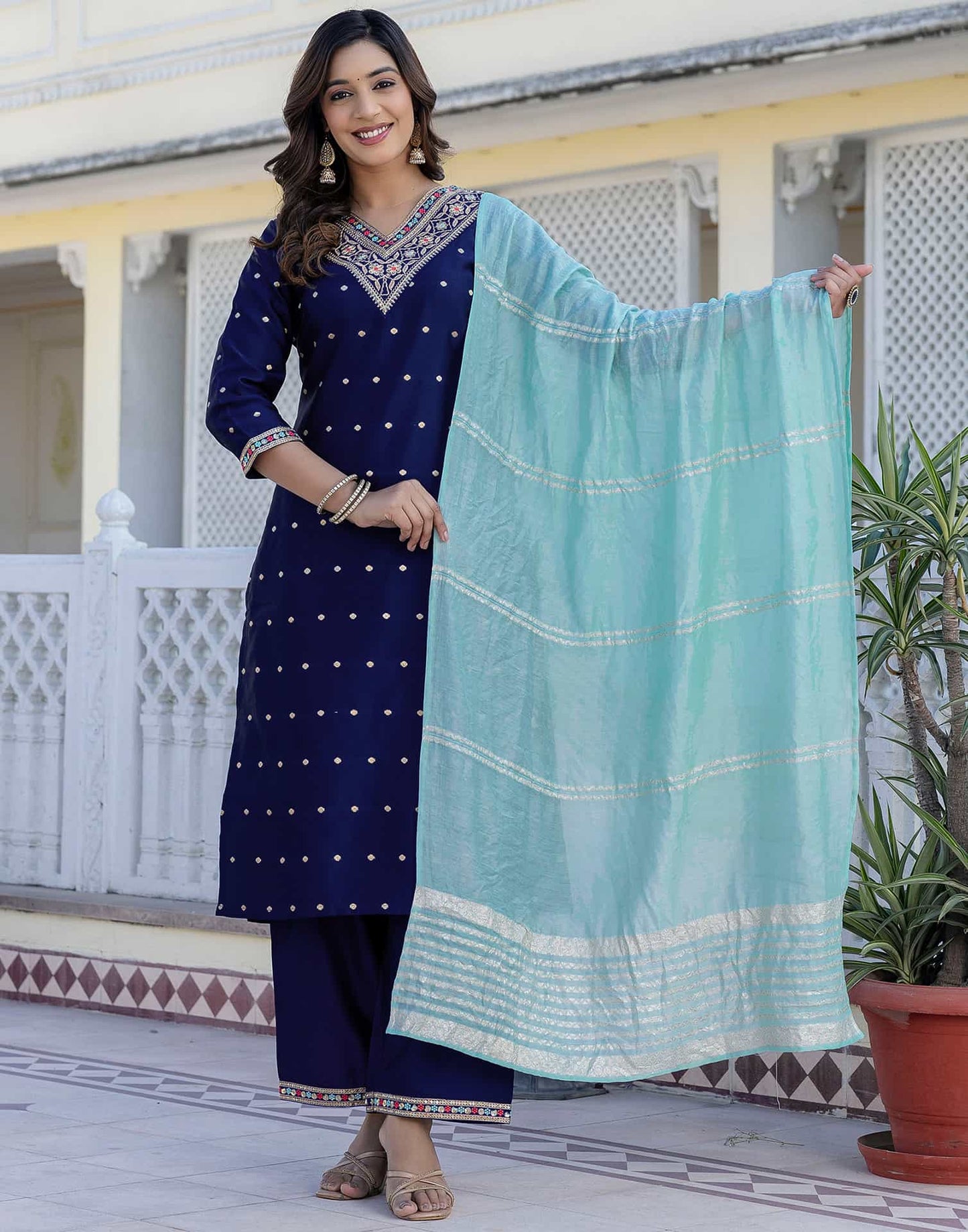 Silk Blend Embroidery and Sequins Work, Weaving, Lace Straight Kurta with Pant & Dupatta