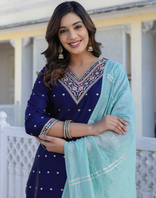 Silk Blend Embroidery and Sequins Work, Weaving, Lace Straight Kurta with Pant & Dupatta