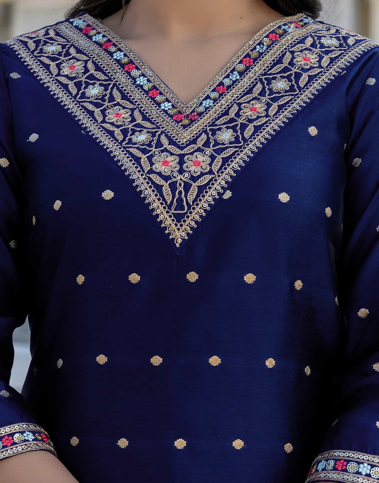Silk Blend Embroidery and Sequins Work, Weaving, Lace Straight Kurta with Pant & Dupatta