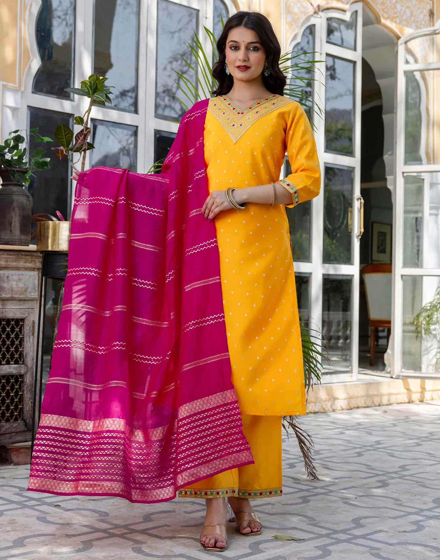 Silk Blend Embroidery and Sequins Work, Weaving, Lace Straight Kurta with Pant & Dupatta