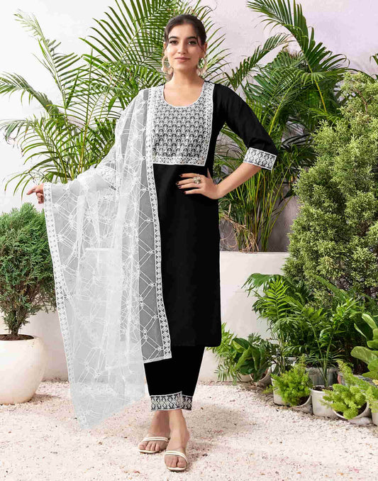 Cotton Blend Embroidered Straight Kurta with Pant & Dupatta